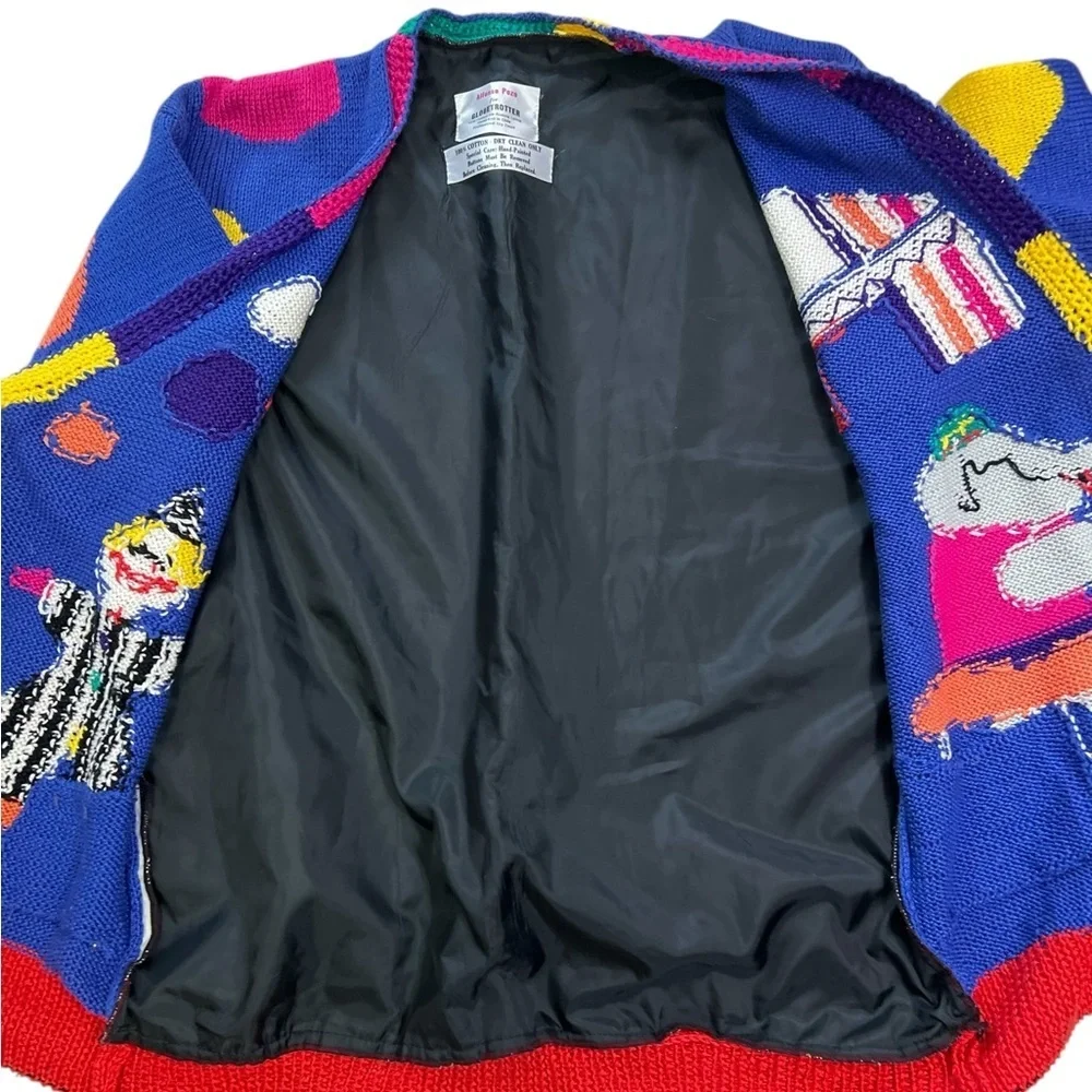 Vintage Circus Cardigan Cotton Tent Striped Clown Elephant Hand Knit Lined - Picture 8 of 14